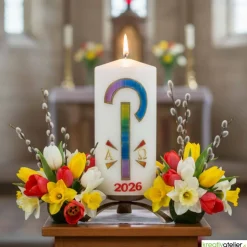 Friedenslicht Christi – Osterkerze handverziert mit Pax-Zeichen in Regenbogenfarben & Alpha/Omega