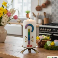 Friedenslicht Christi – Osterkerze handverziert mit Pax-Zeichen in Regenbogenfarben & Alpha/Omega