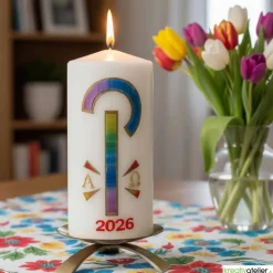 Friedenslicht Christi – Osterkerze handverziert mit Pax-Zeichen in Regenbogenfarben & Alpha/Omega