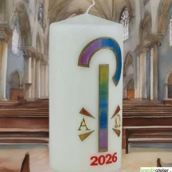 Friedenslicht Christi – Osterkerze handverziert mit Pax-Zeichen in Regenbogenfarben & Alpha/Omega