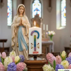 Friedenslicht Christi – Osterkerze handverziert mit Pax-Zeichen in Regenbogenfarben & Alpha/Omega