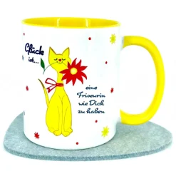 Friseurin Tasse gelb mit Karte und Umschlag