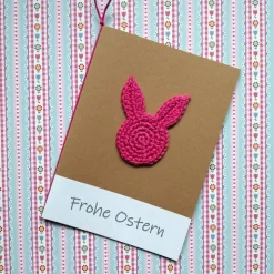 Frohe Ostern Happy Easter mit Häschen gehäkelt mit Wunschtext