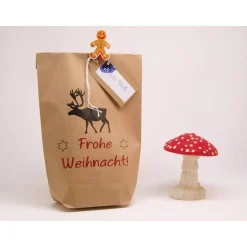 Frohe Weihnacht! mit Elch Set große Geschenktüte Kraftpapier mit Kordel in rot-weiß und Geschenkanhänger aus Papier