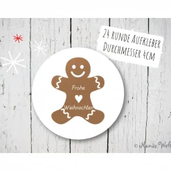 Frohe Weihnachten Aufkleber rund mit Lebkuchenmann 4cm 24 Stück