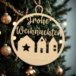 Frohe Weihnachten mit Häusern – Geschenkanhänger & Christbaumanhänger aus Holz, lasergeschnitten