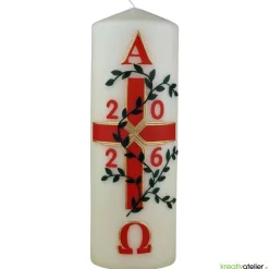 Garten des Lebens – Festliche Osterkerze handverziert mit Blumenranke, Kreuz & Alpha/Omega, christliche Echtwachskunst