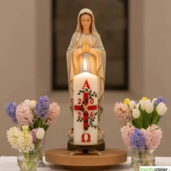 Garten des Lebens – Festliche Osterkerze handverziert mit Blumenranke, Kreuz & Alpha/Omega, christliche Echtwachskunst