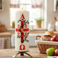 Garten des Lebens – Festliche Osterkerze handverziert mit Blumenranke, Kreuz & Alpha/Omega, christliche Echtwachskunst