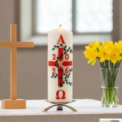 Garten des Lebens – Festliche Osterkerze handverziert mit Blumenranke, Kreuz & Alpha/Omega, christliche Echtwachskunst