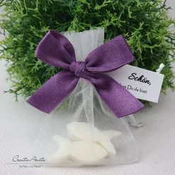 Gastgeschenk mit 2 Seifenfische - FISCHE NATUR - VIOLETT-Aubergine dekoriert - personalisiert