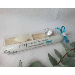 Gastgeschenk zur Kommunion - Konfirmation - Stabkerze personalisiert und Seifenfisch - TÜRKIS