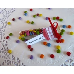 Gastgeschenk/Platzkarte zur Einschulung / Reagenzröhrchen befüllt mit Schokolinsen und Namensanhänger