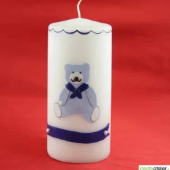 Geburtskerze personalisierbar mit blauem Bärchen, Geschenk Geburt mit Namen, Geburt Jungen, Babygeschenk blau