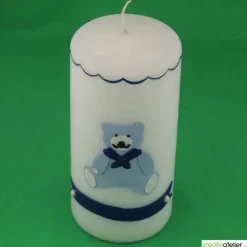 Geburtskerze personalisierbar mit blauem Bärchen, Geschenk Geburt mit Namen, Geburt Jungen, Babygeschenk blau