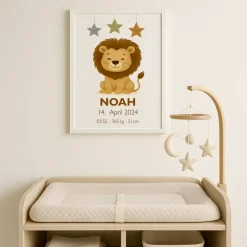 Geburtsposter mit Löwe – Personalisiertes Babybild – Tierposter zur Geburt – Name, Datum, Uhrzeit, Gewicht, Größe
