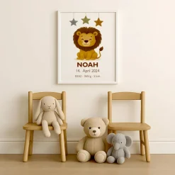 Geburtsposter mit Löwe – Personalisiertes Babybild – Tierposter zur Geburt – Name, Datum, Uhrzeit, Gewicht, Größe