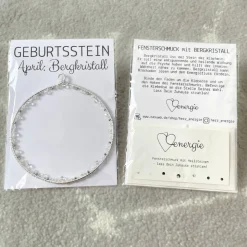 Geburtsstein April - Fensterdeko mit Heilstein Bergkristall - Karte zum Geburtstag oder zur Geburt