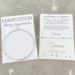 Geburtsstein März - Fensterdeko mit Heilstein Aquamarin - Karte zum Geburtstag oder zur Geburt