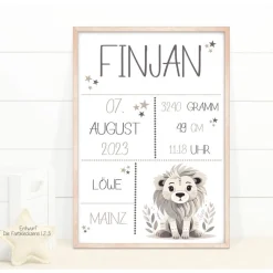 Geburtstafel Löwe, Geschenk Geburt Baby, Geburtstag, Geburtsposter, Geburtsanzeige