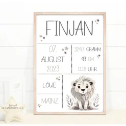 Geburtstafel Löwe, Geschenk Geburt Baby, Geburtstag, Geburtsposter, Geburtsanzeige
