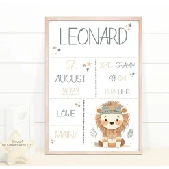 Geburtstafel Löwe, Geschenk Geburt Baby, Geburtstag, Geburtsposter, Geburtsanzeige