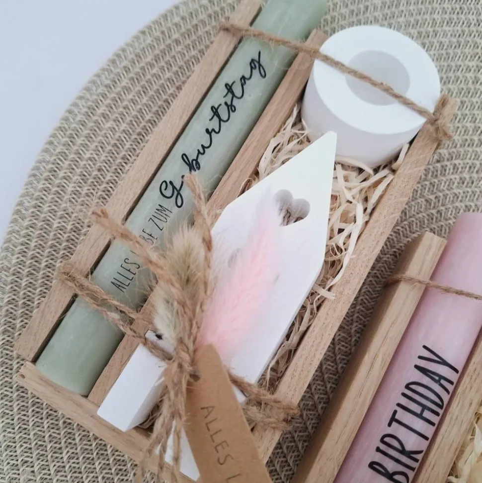 Geburtstag Geburtstagsgeschenk Haus / Lichthaus Kerzenhalter rund Stabkerze Kerzenbox Holzbox Mitbringsel