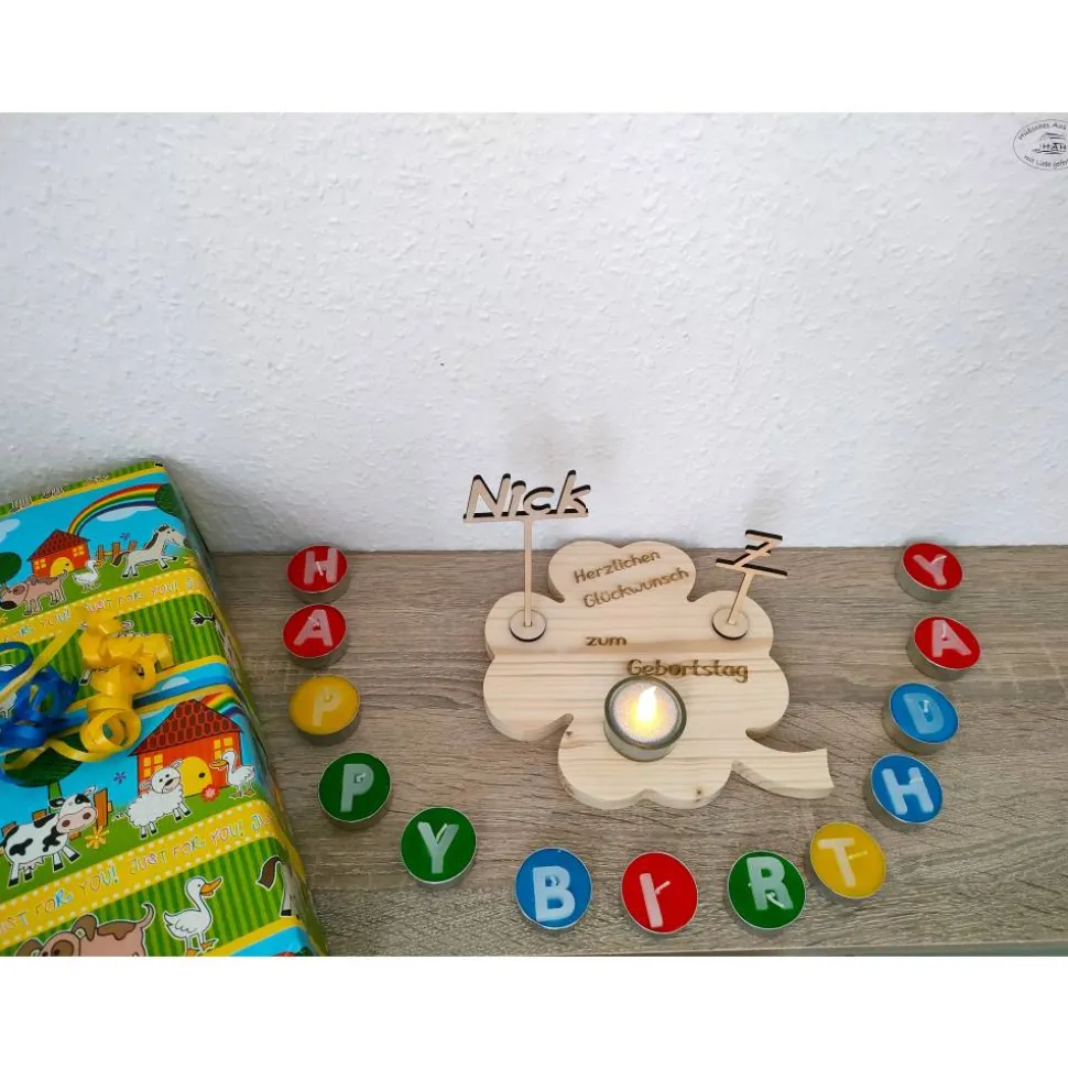 Geburtstagsbrett Kleeblatt mit Namens- und Zahlenstecker