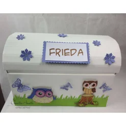 Geburtstagsgeschenk für die Kleinen! Geburtstagsbox - Schulanfang Truhe Schatztruhe EULEN - lila-flieder Schatzkiste Ges