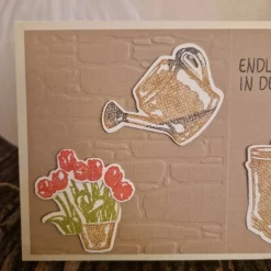 Geburtstagskarte / Garten / Gummistiefel / Gießkanne / blühende Blumen / Gummistiefel Geburtstagskarte