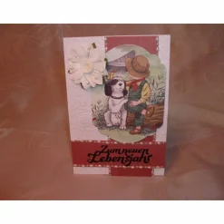 Geburtstagskarte für eine Frau, verspielt, Kind mit Hund, weiß