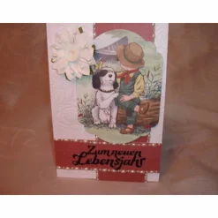 Geburtstagskarte für eine Frau, verspielt, Kind mit Hund, weiß