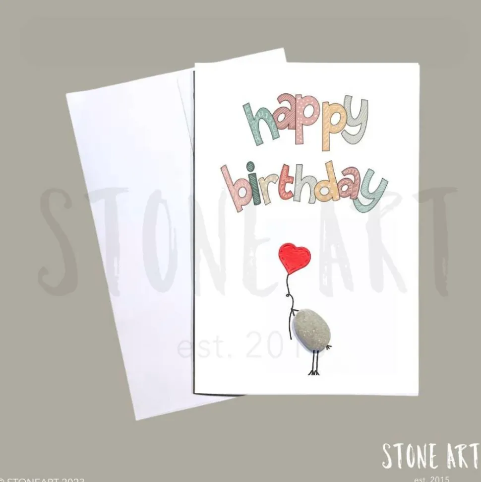 Geburtstagskarte „Happy Birthday“ mit handverlesenem Mini-Kieselstein & Umschlag – Einzigartige Natur-Kunstkarte