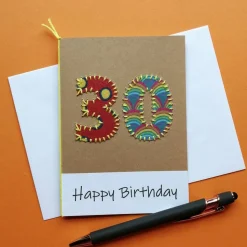 Geburtstagskarte Jubiläum mit aufgestickter Jahreszahl 30 aus Stoffresten mit Wunschtext