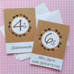 Geburtstagskarte Jubiläum mit Jahreszahl und aufgesticktem Blumenkranz mit Wunschtext