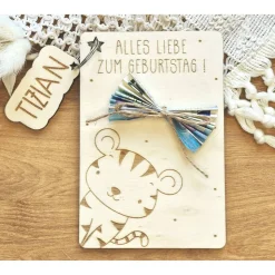 Geburtstagskarte Kind personalisiert Holz, Glückwunschkarte Namen Giraffe, Schlüsselanhänger Name