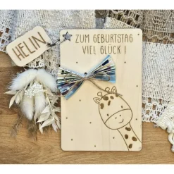 Geburtstagskarte Kind personalisiert Holz, Glückwunschkarte Namen Giraffe, Schlüsselanhänger Name