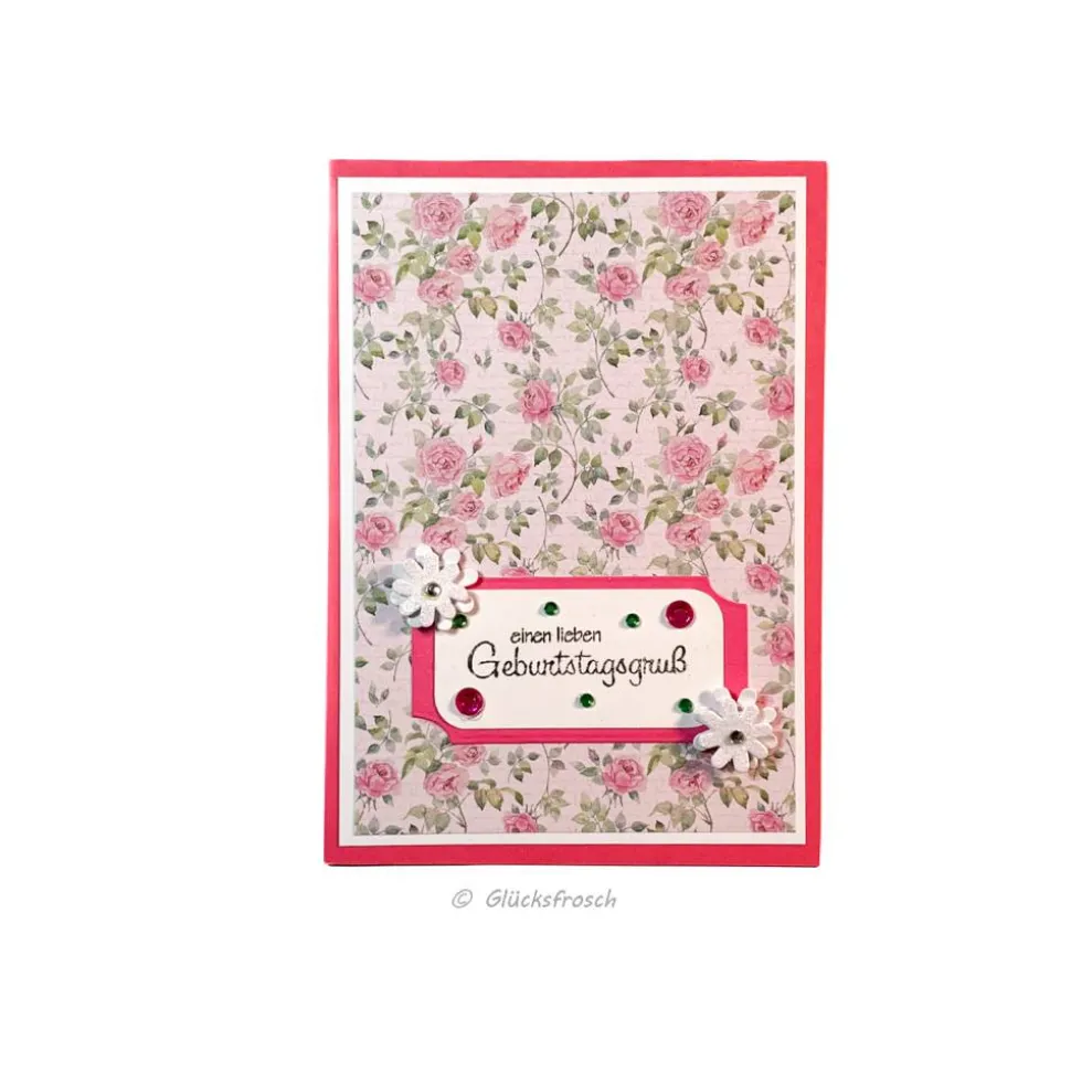 Geburtstagskarte mit Rosen, Blüten & Steinchen – Klappkarte mit Umschlag