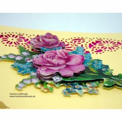Geburtstagskarte Rosen und Maiglöckchen  3-D Handarbeit mit Spruch im Innenteil