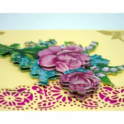 Geburtstagskarte Rosen und Maiglöckchen  3-D Handarbeit mit Spruch im Innenteil