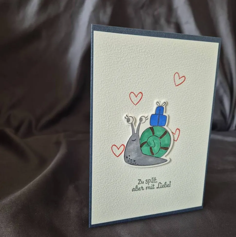 Geburtstagskarte Schneckenmotiv / Zu spät aber mit Liebe Spruch / handgefertigte Grußkarten / Geburtstag