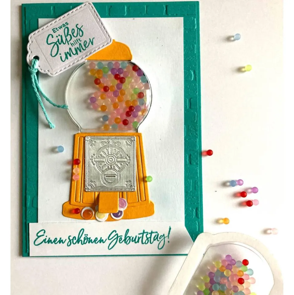 Geburtstagskarte Schüttelkarte 3D Plastikkuppel - Kaugummiautomat & Kugeln Handarbeit UNIKAT
