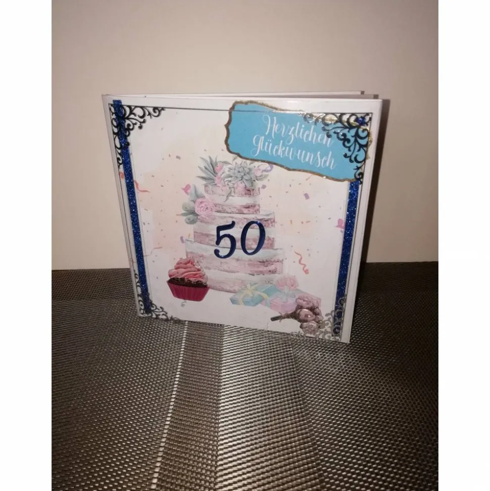 Geburtstagskarte zum 50, Frau, verspielt, Torte, Bunt