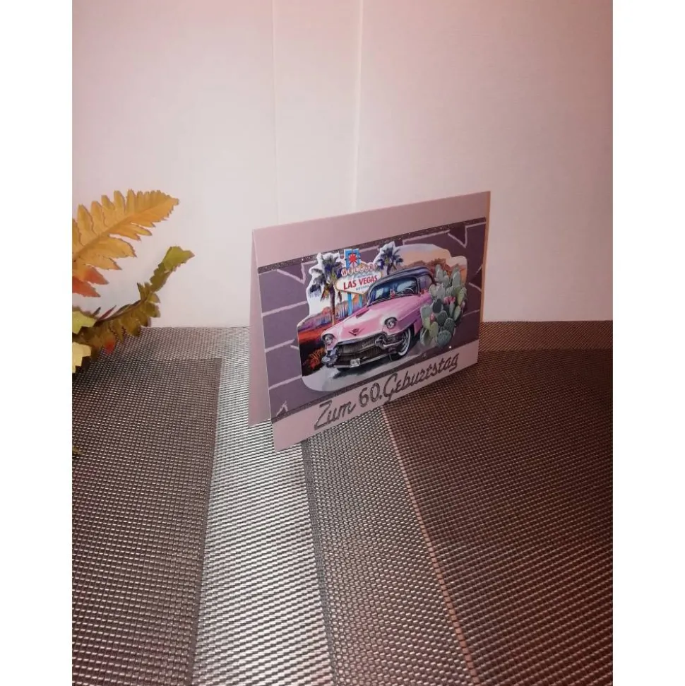 Geburtstagskarte zum 60.ten für Männer mit Oldtimer Cadillac – Handgemacht in Altrosa