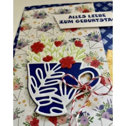 Geburtstagskarten Glückwunschkarte Blumen Tasse 3D Grün Blumig Handgefertigt Unikat