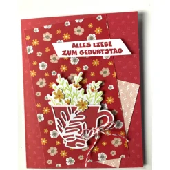 Geburtstagskarten Glückwunschkarte Blumen Tasse 3D Grün Blumig Handgefertigt Unikat