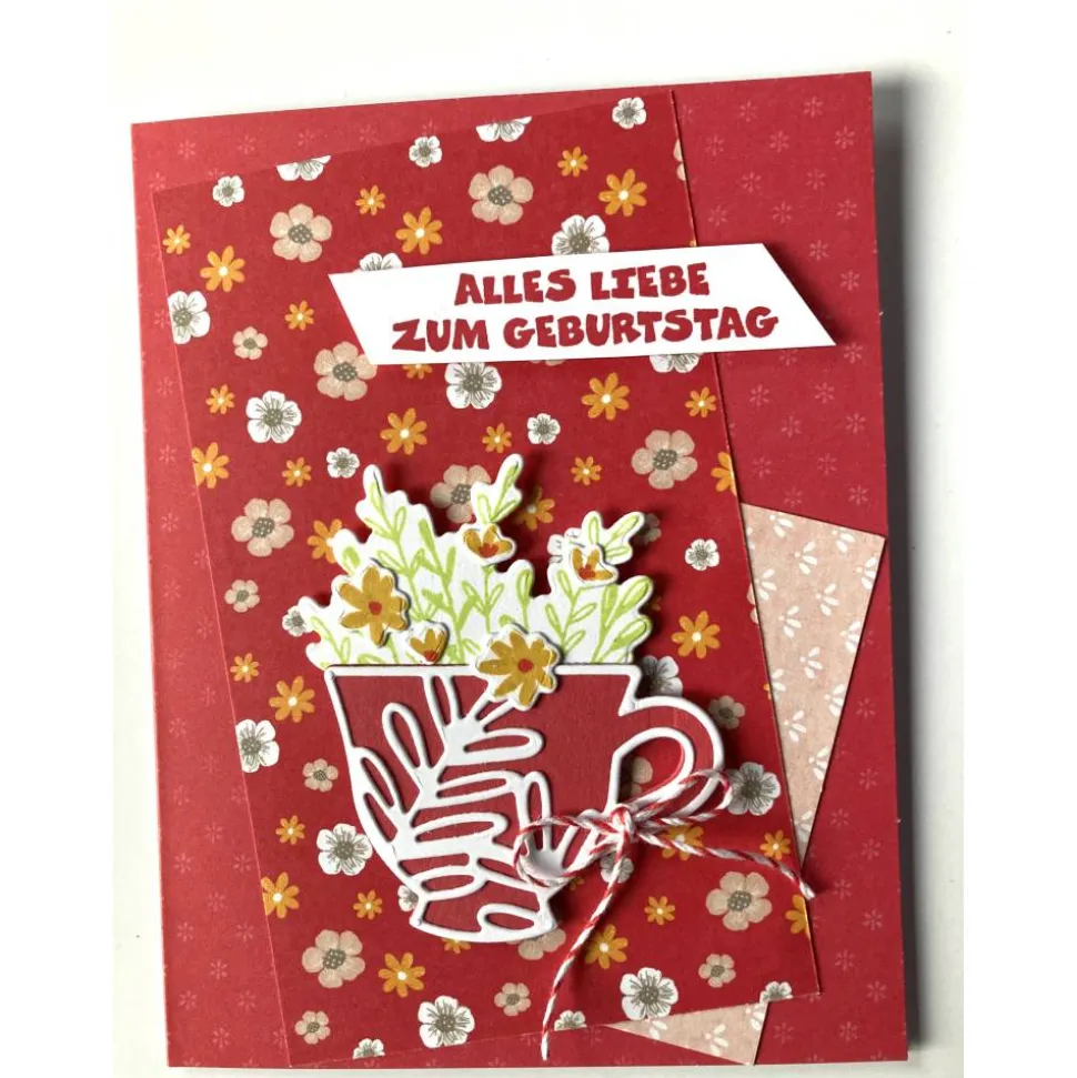 Geburtstagskarten Glückwunschkarte Blumen Tasse 3D Grün Blumig Handgefertigt Unikat