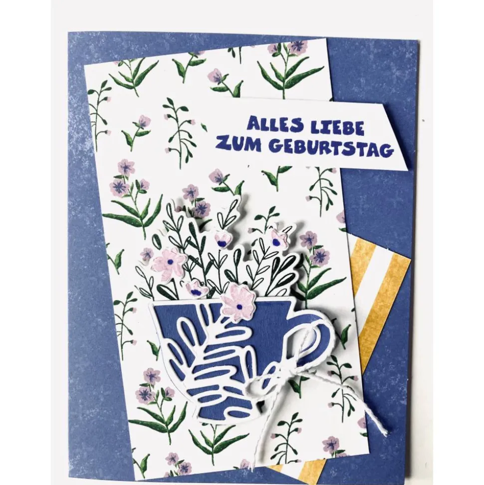 Geburtstagskarten Glückwunschkarte Blumen Tasse 3D Grün Blumig Handgefertigt Unikat
