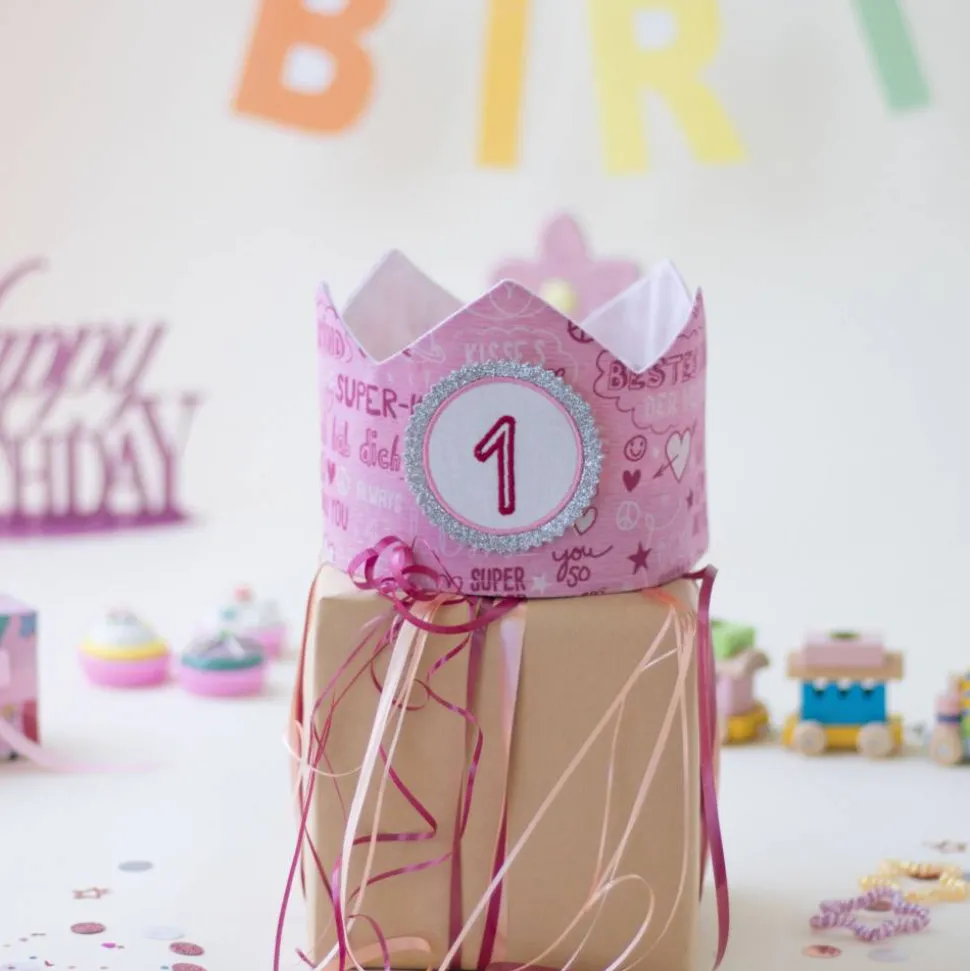 Geburtstagskrone mit Zahlen, Krone für Kindergeburtstag, Partykrone Farbe Beere, Babys erster Geburtstag