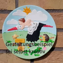 Geburtsteller Storch aus Alabastergips zum Selbstbemalen – Personalisierbares Geschenk zur Geburt & Taufe